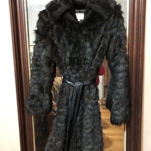 Faux fur  lined coat with faux leather belt.
